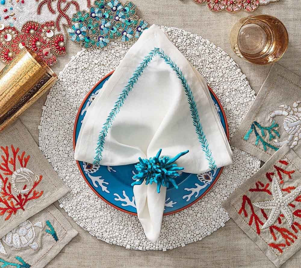 Jardin Napkin in White & Turquoise, Set of 4