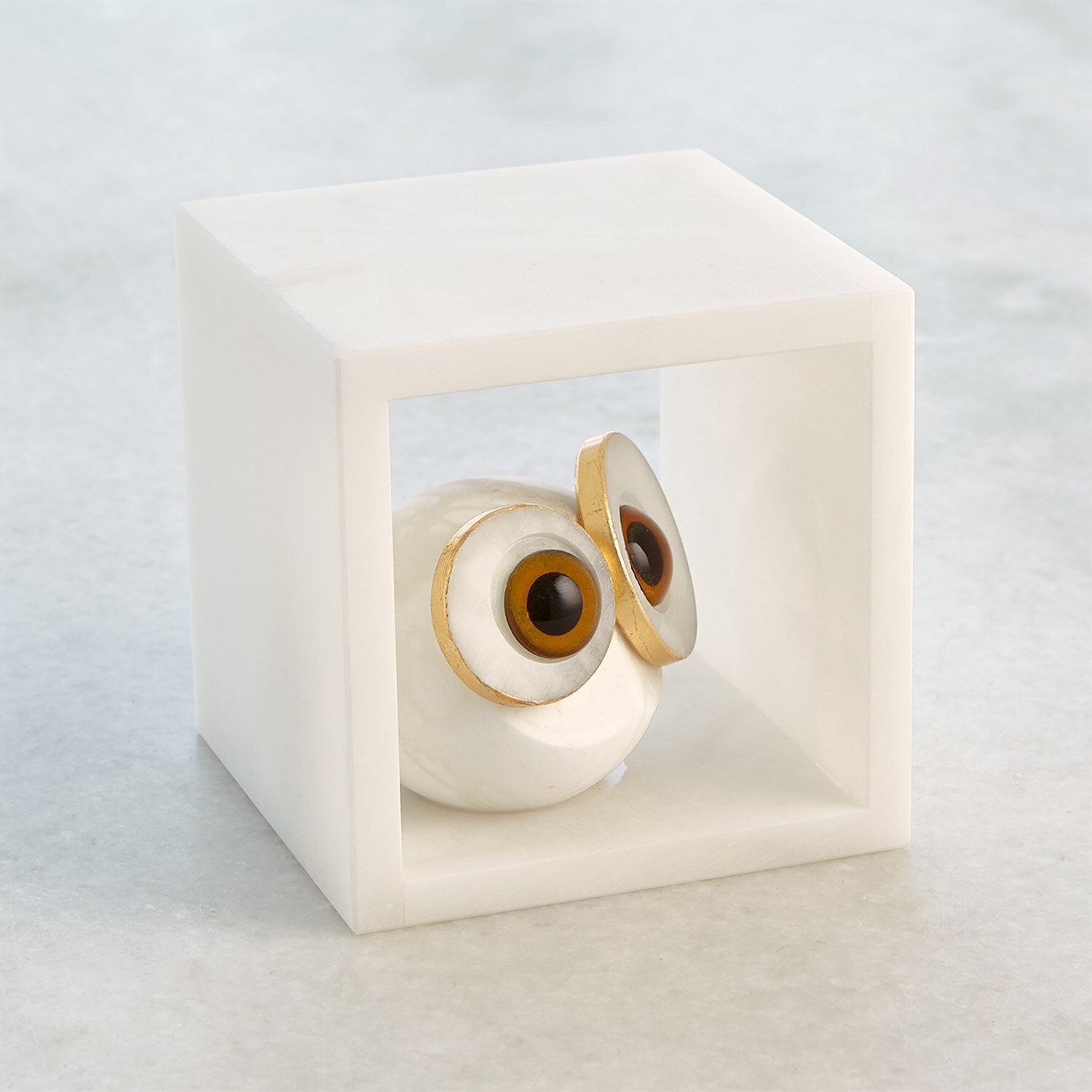 Alabaster Big Eyed Owl in Cube-Sm