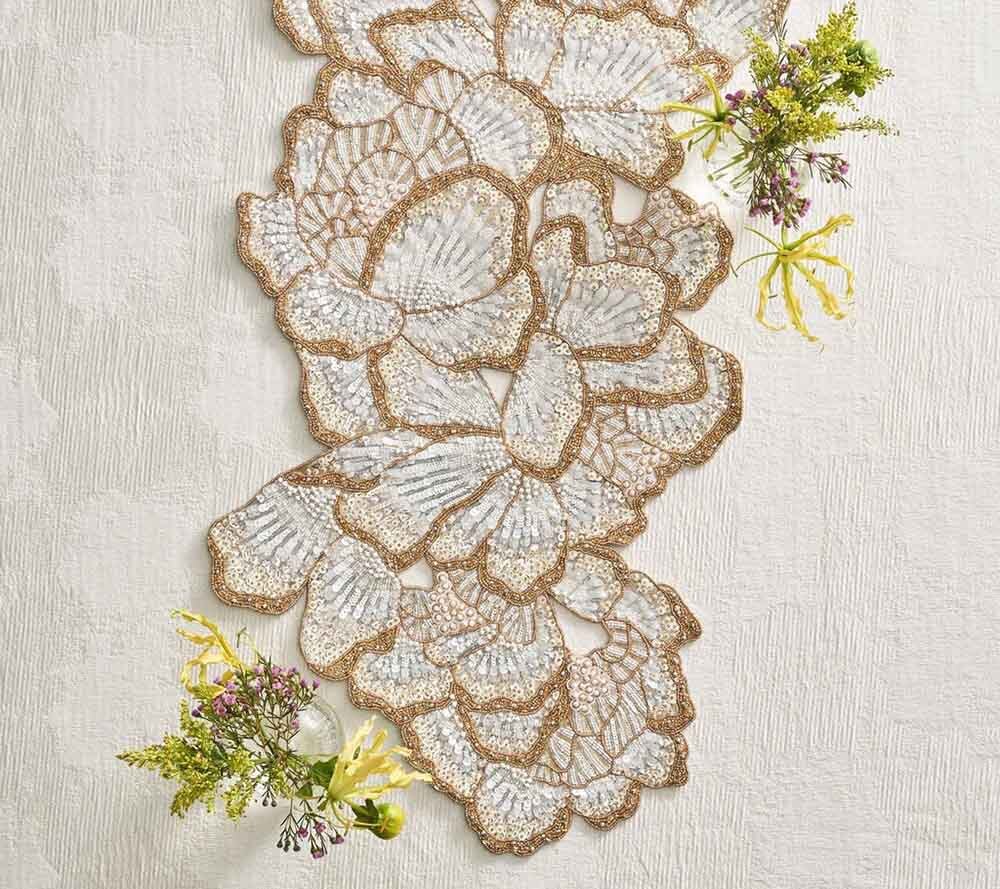 Botanica Table Runner in White, Gold, & Silver